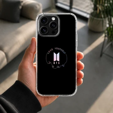 BTS logo design on black phone case with bold typography — Lifestyle