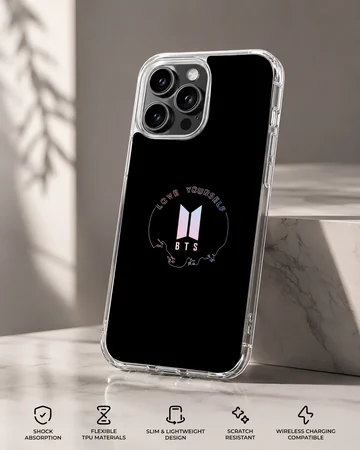 BTS logo design on black phone case with bold typography — Specs