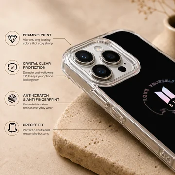 BTS logo design on black phone case with bold typography — Info