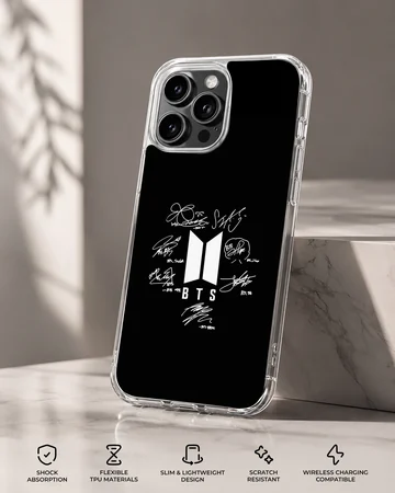 BTS signature design on black background phone case — Specs