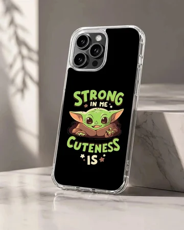 Cartoon Baby Yoda with bold typography on phone case
