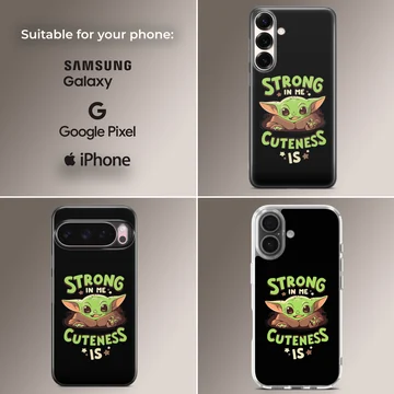 Cartoon Baby Yoda with bold typography on phone case — Collage