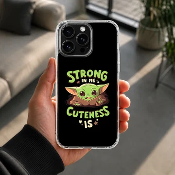 Cartoon Baby Yoda with bold typography on phone case — Lifestyle