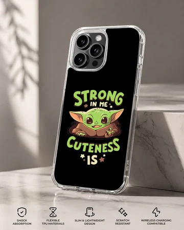 Cartoon Baby Yoda with bold typography on phone case — Specs