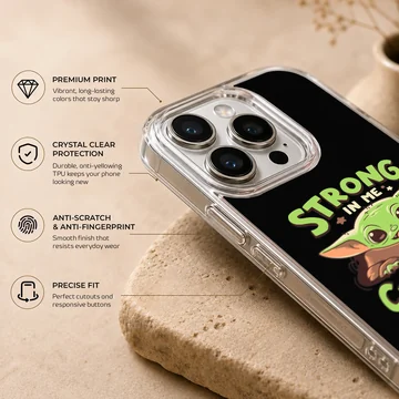 Cartoon Baby Yoda with bold typography on phone case — Info