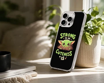 Cartoon Baby Yoda with bold typography on phone case — Lifestyle
