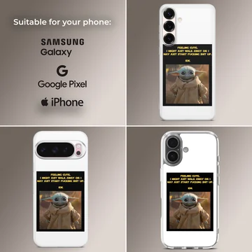 Baby Yoda with bold typography on phone case — Collage