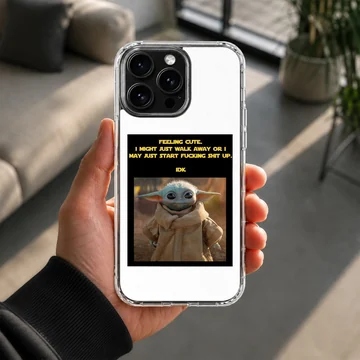 Baby Yoda with bold typography on phone case — Lifestyle