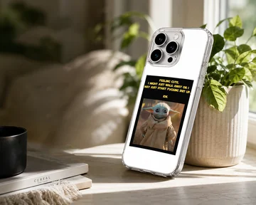 Baby Yoda with bold typography on phone case — Lifestyle