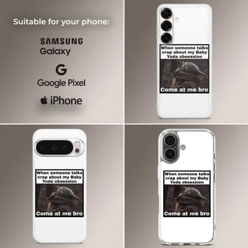 Playful Baby Yoda meme design on phone case — Collage