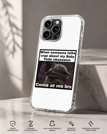 Playful Baby Yoda meme design on phone case — Specs