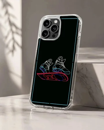 Neon design Back To The Future phone case featuring sneakers and hoverboard