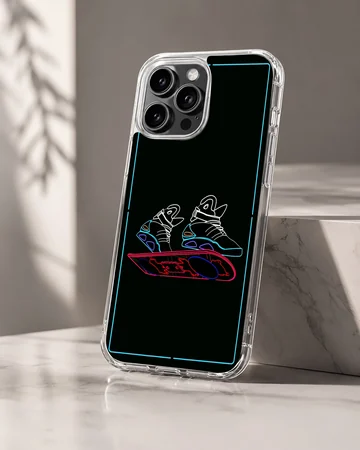 Neon design Back To The Future phone case featuring sneakers and hoverboard — Hero