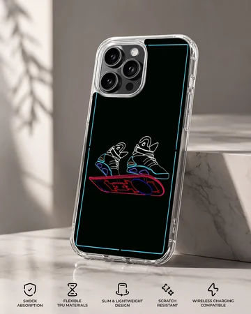 Neon design Back To The Future phone case featuring sneakers and hoverboard — Specs