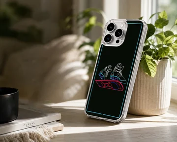 Neon design Back To The Future phone case featuring sneakers and hoverboard — Lifestyle