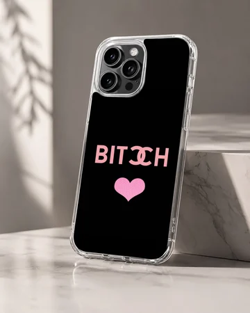 Phone case with 'Bitch' in bold pink typography and heart symbol — Hero