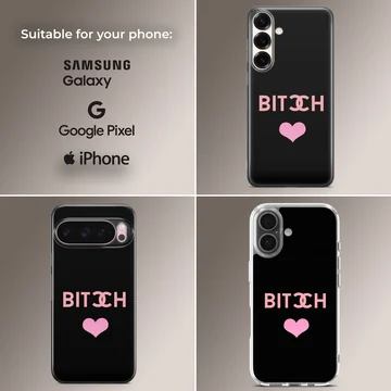 Phone case with 'Bitch' in bold pink typography and heart symbol — Collage