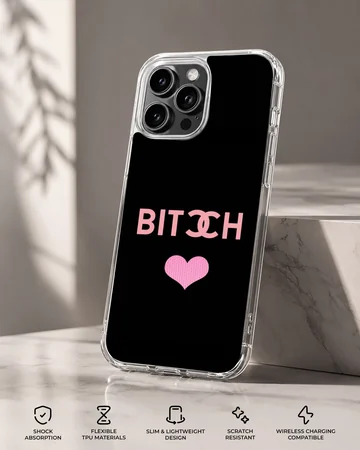 Phone case with 'Bitch' in bold pink typography and heart symbol — Specs