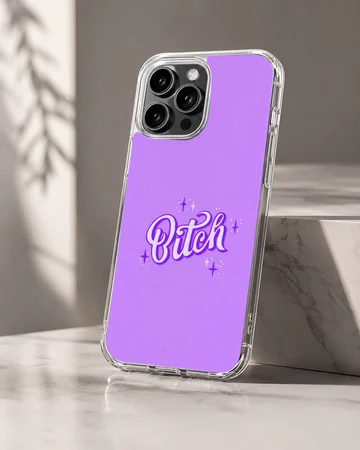 Purple phone case with 'Bitch' in bold white typography — Hero