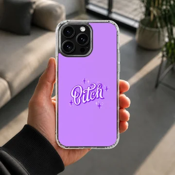 Purple phone case with 'Bitch' in bold white typography — Lifestyle