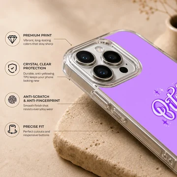 Purple phone case with 'Bitch' in bold white typography — Info