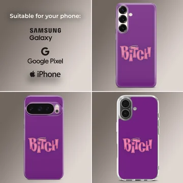 Purple phone case with bold 'Bitch' typography design — Collage