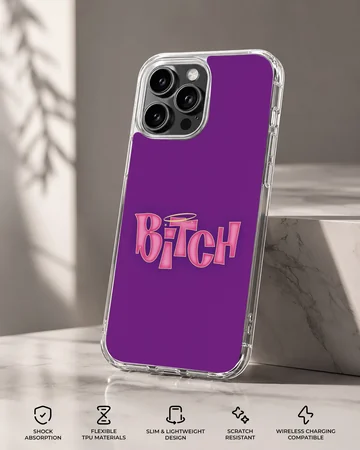 Purple phone case with bold 'Bitch' typography design — Specs