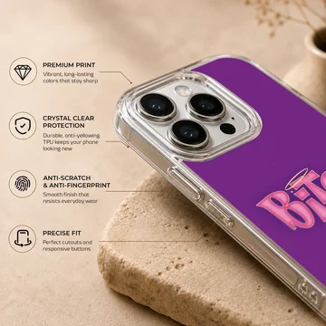 Purple phone case with bold 'Bitch' typography design — Info