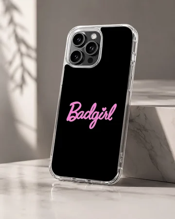 Black phone case with bold pink 'Badgirl' typography — Hero