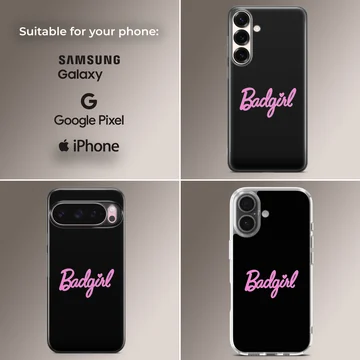 Black phone case with bold pink 'Badgirl' typography — Collage