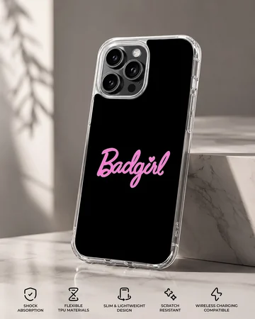Black phone case with bold pink 'Badgirl' typography — Specs