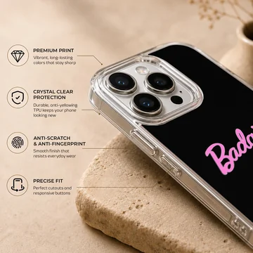 Black phone case with bold pink 'Badgirl' typography — Info