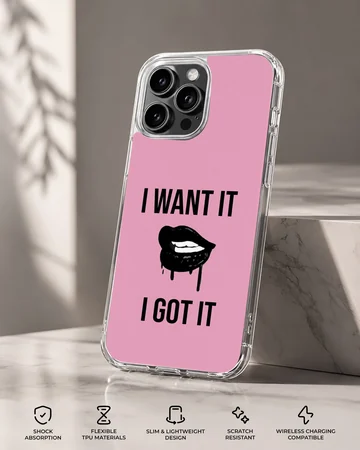 Bold typography with lips on a phone case — Specs