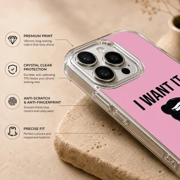 Bold typography with lips on a phone case — Info
