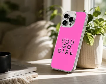 Bad Bitch phone case with bold typography on pink background — Lifestyle