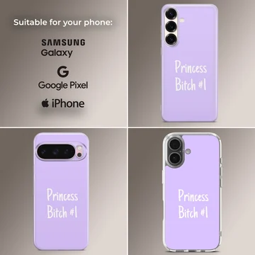 Purple phone case with 'Princess Bitch #1' in white bold typography — Collage