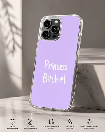 Purple phone case with 'Princess Bitch #1' in white bold typography — Specs
