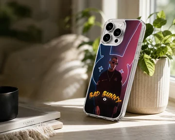 Bad Bunny phone case featuring a vibrant neon portrait design — Lifestyle