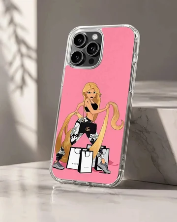 Cartoon artwork of a playful princess with shopping bags on a phone case