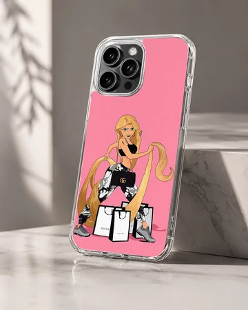 Cartoon artwork of a playful princess with shopping bags on a phone case — Hero