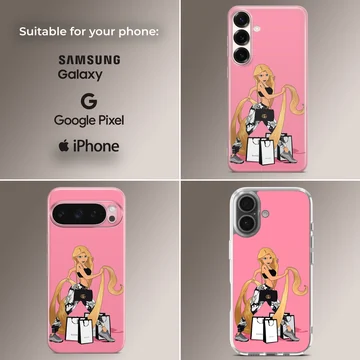 Cartoon artwork of a playful princess with shopping bags on a phone case — Collage