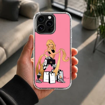 Cartoon artwork of a playful princess with shopping bags on a phone case — Lifestyle