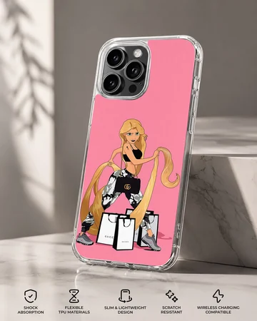 Cartoon artwork of a playful princess with shopping bags on a phone case — Specs