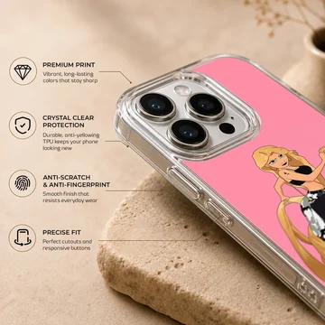 Cartoon artwork of a playful princess with shopping bags on a phone case — Info
