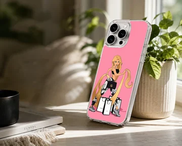 Cartoon artwork of a playful princess with shopping bags on a phone case — Lifestyle