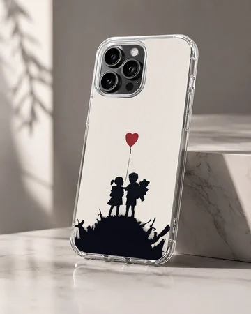 Banksy-inspired phone case with heart balloon and children silhouette — Hero