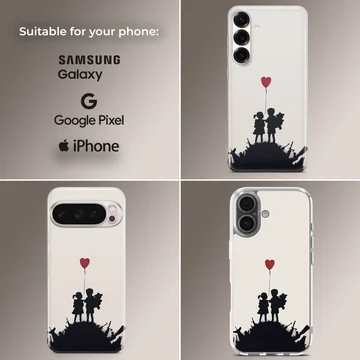 Banksy-inspired phone case with heart balloon and children silhouette — Collage