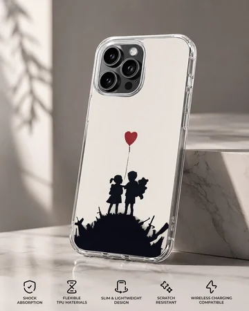 Banksy-inspired phone case with heart balloon and children silhouette — Specs