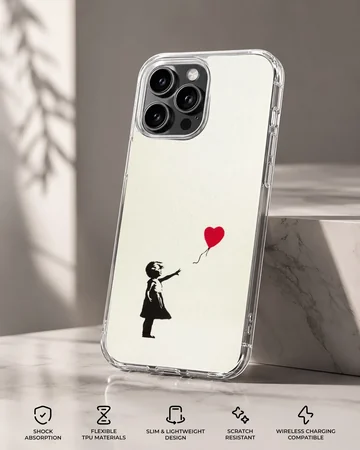Bansky heart balloon art on phone case — Specs