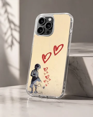 Bansky-inspired minimalist art with red hearts phone case — Hero
